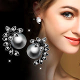 SINLEERY Hot Fashion Gray White Pearl Earrings Stud Antique Silver Color Zircon Leaf Shape Jewelry For Women Girl Es525 SSC