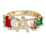 Personalized Adjustable A-Z Initial Ring Bohemian Copper Zircon  Rainbow Letter Rings for Women Girls Party Wedding Jewelry Gift