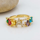 Personalized Adjustable A-Z Initial Ring Bohemian Copper Zircon  Rainbow Letter Rings for Women Girls Party Wedding Jewelry Gift