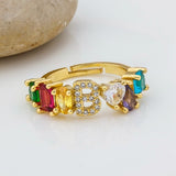 Personalized Adjustable A-Z Initial Ring Bohemian Copper Zircon  Rainbow Letter Rings for Women Girls Party Wedding Jewelry Gift
