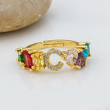 Personalized Adjustable A-Z Initial Ring Bohemian Copper Zircon  Rainbow Letter Rings for Women Girls Party Wedding Jewelry Gift
