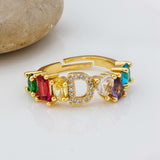 Personalized Adjustable A-Z Initial Ring Bohemian Copper Zircon  Rainbow Letter Rings for Women Girls Party Wedding Jewelry Gift