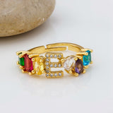 Personalized Adjustable A-Z Initial Ring Bohemian Copper Zircon  Rainbow Letter Rings for Women Girls Party Wedding Jewelry Gift