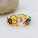Personalized Adjustable A-Z Initial Ring Bohemian Copper Zircon  Rainbow Letter Rings for Women Girls Party Wedding Jewelry Gift