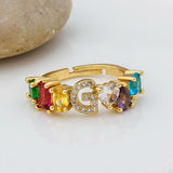 Personalized Adjustable A-Z Initial Ring Bohemian Copper Zircon  Rainbow Letter Rings for Women Girls Party Wedding Jewelry Gift