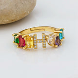 Personalized Adjustable A-Z Initial Ring Bohemian Copper Zircon  Rainbow Letter Rings for Women Girls Party Wedding Jewelry Gift