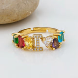 Personalized Adjustable A-Z Initial Ring Bohemian Copper Zircon  Rainbow Letter Rings for Women Girls Party Wedding Jewelry Gift