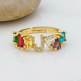 Personalized Adjustable A-Z Initial Ring Bohemian Copper Zircon  Rainbow Letter Rings for Women Girls Party Wedding Jewelry Gift