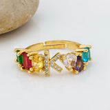 Personalized Adjustable A-Z Initial Ring Bohemian Copper Zircon  Rainbow Letter Rings for Women Girls Party Wedding Jewelry Gift