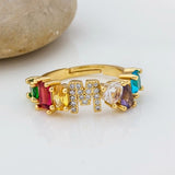 Personalized Adjustable A-Z Initial Ring Bohemian Copper Zircon  Rainbow Letter Rings for Women Girls Party Wedding Jewelry Gift