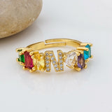 Personalized Adjustable A-Z Initial Ring Bohemian Copper Zircon  Rainbow Letter Rings for Women Girls Party Wedding Jewelry Gift
