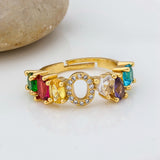 Personalized Adjustable A-Z Initial Ring Bohemian Copper Zircon  Rainbow Letter Rings for Women Girls Party Wedding Jewelry Gift