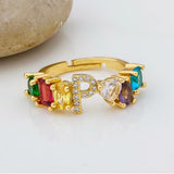 Personalized Adjustable A-Z Initial Ring Bohemian Copper Zircon  Rainbow Letter Rings for Women Girls Party Wedding Jewelry Gift