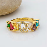 Personalized Adjustable A-Z Initial Ring Bohemian Copper Zircon  Rainbow Letter Rings for Women Girls Party Wedding Jewelry Gift