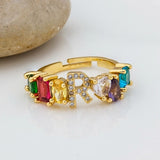 Personalized Adjustable A-Z Initial Ring Bohemian Copper Zircon  Rainbow Letter Rings for Women Girls Party Wedding Jewelry Gift