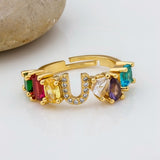 Personalized Adjustable A-Z Initial Ring Bohemian Copper Zircon  Rainbow Letter Rings for Women Girls Party Wedding Jewelry Gift