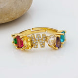 Personalized Adjustable A-Z Initial Ring Bohemian Copper Zircon  Rainbow Letter Rings for Women Girls Party Wedding Jewelry Gift