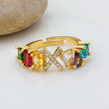 Personalized Adjustable A-Z Initial Ring Bohemian Copper Zircon  Rainbow Letter Rings for Women Girls Party Wedding Jewelry Gift