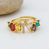 Personalized Adjustable A-Z Initial Ring Bohemian Copper Zircon  Rainbow Letter Rings for Women Girls Party Wedding Jewelry Gift