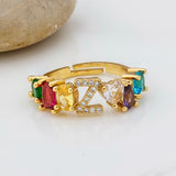Personalized Adjustable A-Z Initial Ring Bohemian Copper Zircon  Rainbow Letter Rings for Women Girls Party Wedding Jewelry Gift