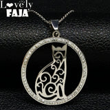 2019 Fashion Cat Stainless Steel Necklaces for Women Round Crystal Silver Color Statement Necklace Jewelry collar gato N18259