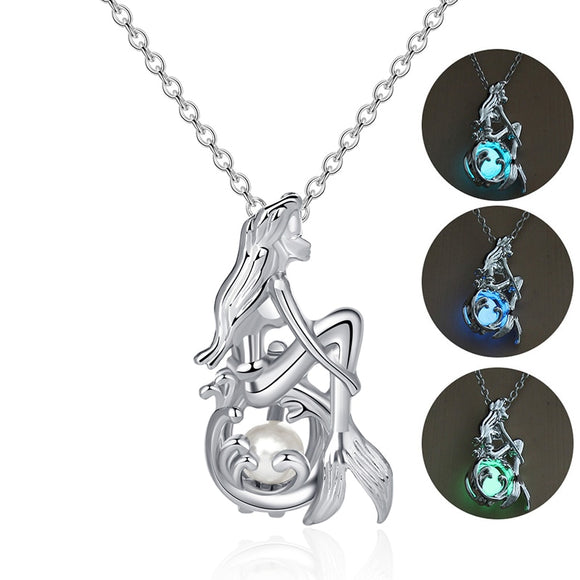 Glowing Mermaid Women Pendant Necklace 3 Colors Luminous Stone Pendant Jewelry Gift For Women Silver Chain Necklace
