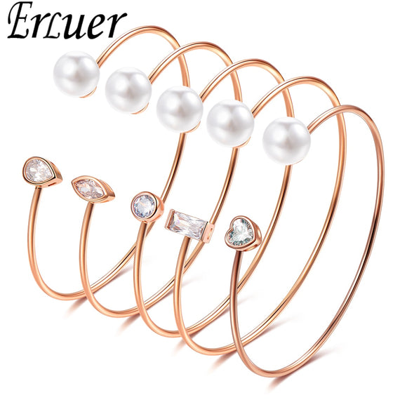 ERLUER Hot sale adjustable Bangle Imitation pearl Heart Bracelets for women Girl wedding rose gold fashion Cuff Bracelet jewelry