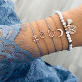 Bohemian Silver Beads Chain Bracelets Bangles For Women Fashion Heart Compass Gold Color Chain Bracelets Sets Jewelry Gift