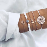 Bohemian Silver Beads Chain Bracelets Bangles For Women Fashion Heart Compass Gold Color Chain Bracelets Sets Jewelry Gift