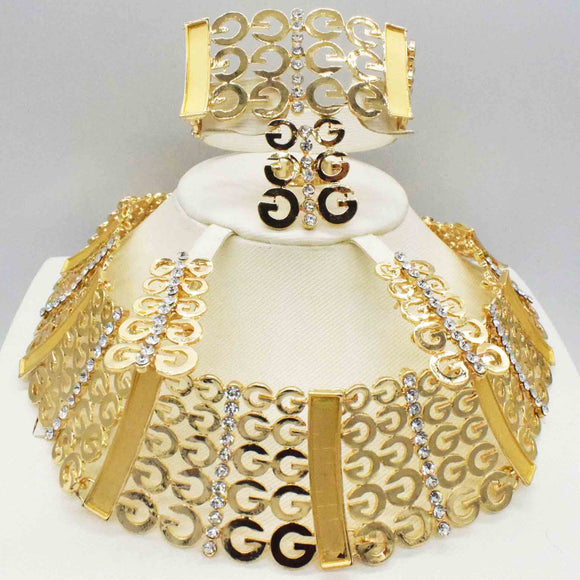Fashion women Dubai gold-color African bead jewelry sets Bridal wedding Party shiny zircon Necklace Bangle Earring Ring