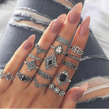 15 Pcs/set Bohemian Retro Rings Crystal Flower Geometric Hollow Lotus Gem Silver Ring Set Women Wedding Anniversary Gift