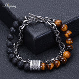HIYONG Lava Rock Beaded Bracelet for Men Natural Tiger Eye Stone Bracelet Stainless Steel Chain Bracelets Male Jewelry Gifts