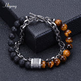 HIYONG Lava Rock Beaded Bracelet for Men Natural Tiger Eye Stone Bracelet Stainless Steel Chain Bracelets Male Jewelry Gifts