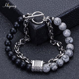 HIYONG Lava Rock Beaded Bracelet for Men Natural Tiger Eye Stone Bracelet Stainless Steel Chain Bracelets Male Jewelry Gifts