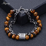 HIYONG Lava Rock Beaded Bracelet for Men Natural Tiger Eye Stone Bracelet Stainless Steel Chain Bracelets Male Jewelry Gifts