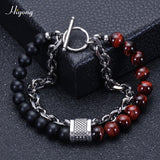 HIYONG Lava Rock Beaded Bracelet for Men Natural Tiger Eye Stone Bracelet Stainless Steel Chain Bracelets Male Jewelry Gifts