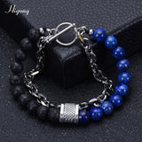 HIYONG Lava Rock Beaded Bracelet for Men Natural Tiger Eye Stone Bracelet Stainless Steel Chain Bracelets Male Jewelry Gifts