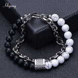 HIYONG Lava Rock Beaded Bracelet for Men Natural Tiger Eye Stone Bracelet Stainless Steel Chain Bracelets Male Jewelry Gifts