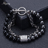 HIYONG Lava Rock Beaded Bracelet for Men Natural Tiger Eye Stone Bracelet Stainless Steel Chain Bracelets Male Jewelry Gifts