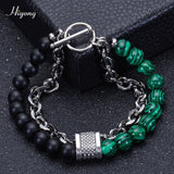 HIYONG Lava Rock Beaded Bracelet for Men Natural Tiger Eye Stone Bracelet Stainless Steel Chain Bracelets Male Jewelry Gifts