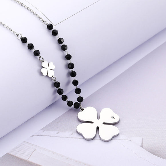 Stainless Steel Four Leaf Clover Pendant Necklace For Women Black Crystal Long Sweater Necklace Party Fashion Jewelry New Design