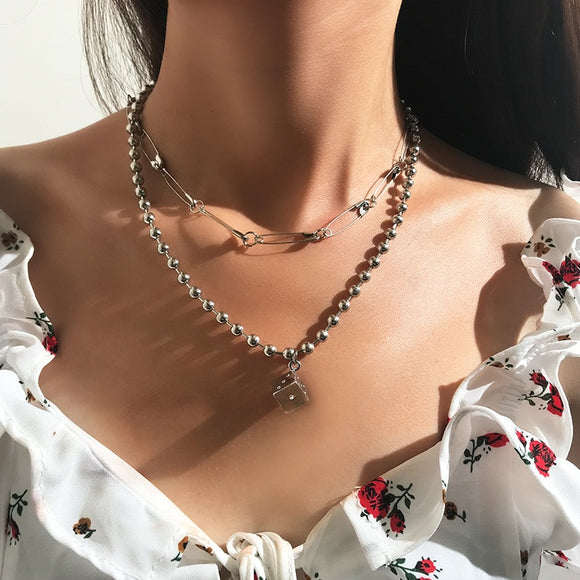 New design silver metal bead chain choker necklace for women exaggeration punk pin square pendant statement necklace jewelry