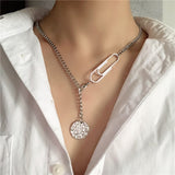 New design silver metal bead chain choker necklace for women exaggeration punk pin square pendant statement necklace jewelry