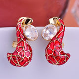 Blucome Clearance Fashion Red Enamel Gold Color Earring Shining Crystal Stud Earrings For Women Girls Party Costume Ear Jewelry