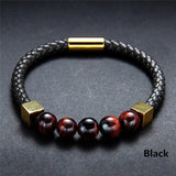 HMSFELY Fashion Men Real Leather Rope Stone Beaded Black Brown Bracelets Stainless Steel Gold Beads Magnetic Bracelet For Men