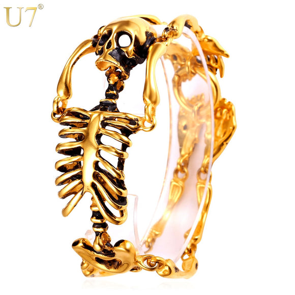 U7 Skull Bracelet Big Skeleton Bones Statement Punk Jewelry Gold Color Stainless Steel Halloween Gift Gothic Bracelets Men H857