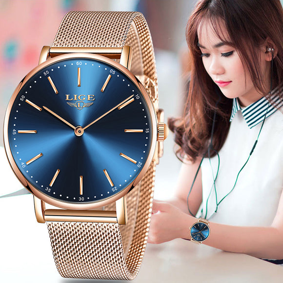 LIGE Woman Watches Fashion Lady Quartz Watches Ultra-thin Stainless Steel Watchband Waterproof Wristwatches Gift For Girl Clock