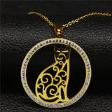 2019 Fashion Cat Stainless Steel Necklaces for Women Round Crystal Silver Color Statement Necklace Jewelry collar gato N18259