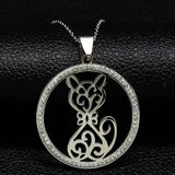 2019 Fashion Cat Stainless Steel Necklaces for Women Round Crystal Silver Color Statement Necklace Jewelry collar gato N18259