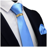 GUSLESON New Designer Solid Plain Men Tie Pocket Square Necktie Clasp Set Red Yellow Green Silk Ties Suit Wedding Business